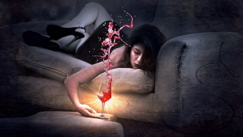 couch red wine girl