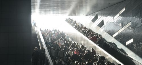 crowd stairs city