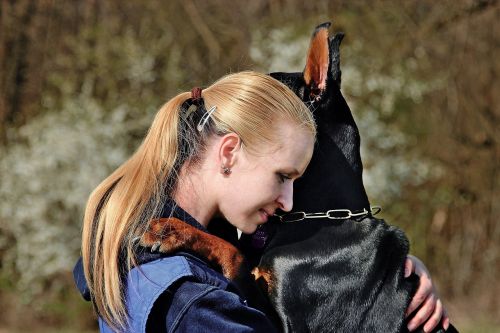 doberman dog hug