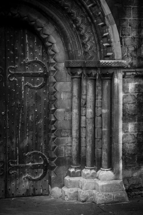 door ancient black and white