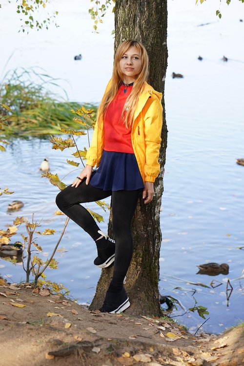 duck  autumn pond  girl