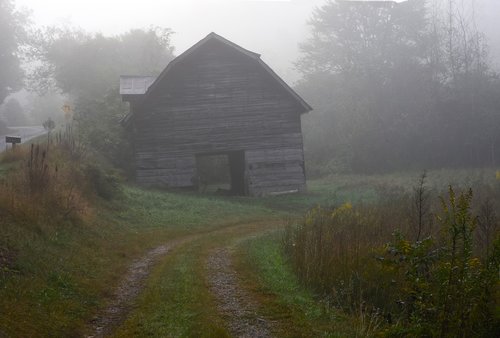 farmhouse  barn  fog
