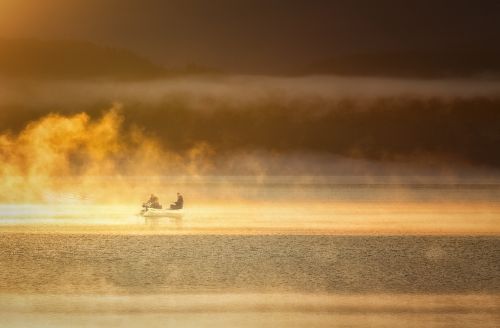 fisherman foggy lakes foggy morning