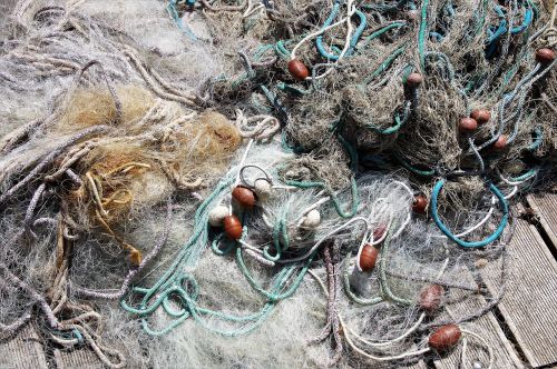 fishing net tangled on the shore