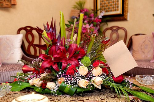 flower arrangement with card  bunch of flowers  flower arrangement