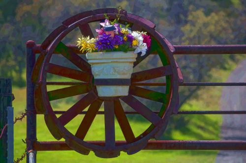 Flowers On Wagon Wheel