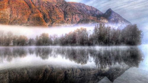 fog lake reflection