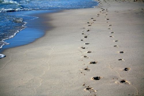 footprints sand sea