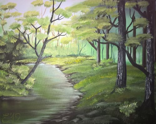forest water running oil on canvas