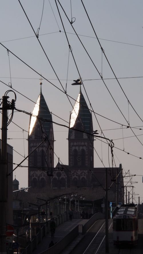 freiburg church steeples twilight