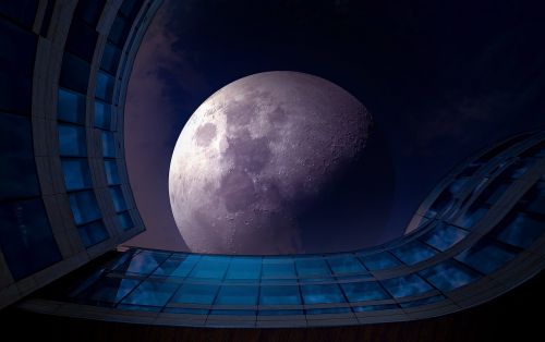 full moon night glass facade