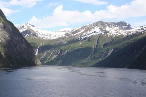 geirangerfjord snowy mountains water