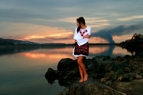 girl lake sunset