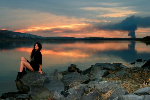 girl lake sunset