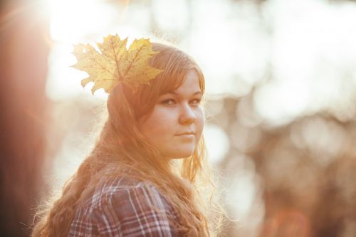 girl leaf sunset