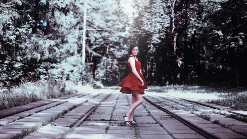 girl red dress tram road