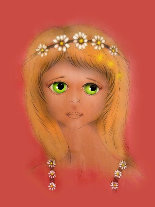 girl  wreath  green eyes