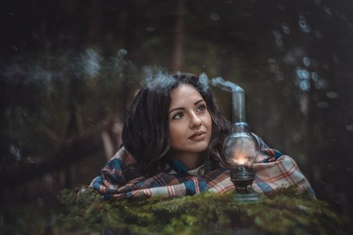 girl  forest  kerosene lamp
