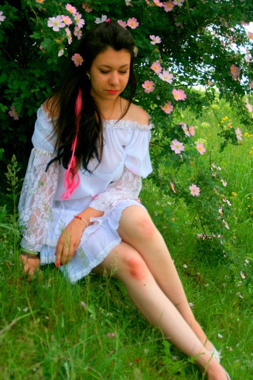 girl white dress wild rose