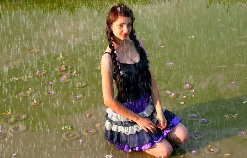 girl rain lake