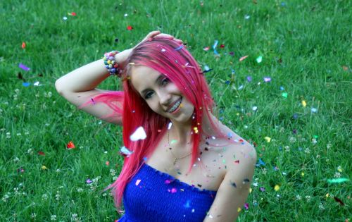 girl pink hair confetti
