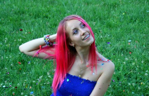 girl pink hair confetti