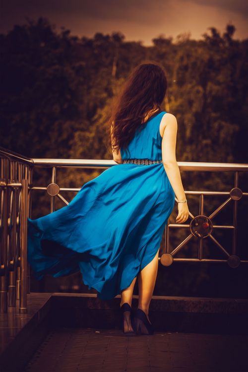 girl in blue dress long hair girl