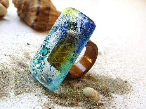 glass and wood ring jewelry seascape