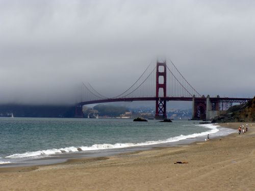 golden gate bridge fog beach