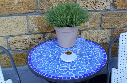 greek coffee  blue table  thyme
