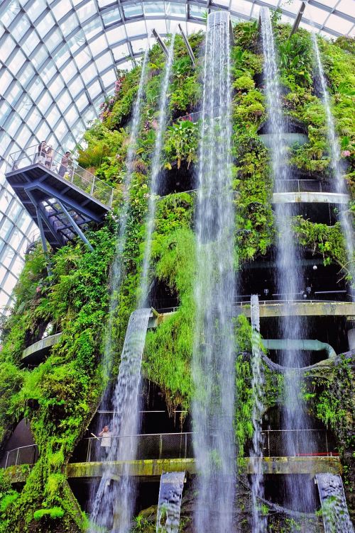 green building waterfalls
