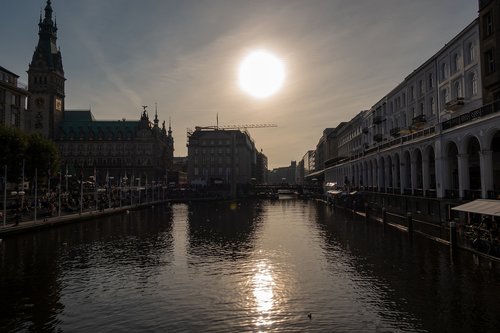 hamburg  town hall  sunset