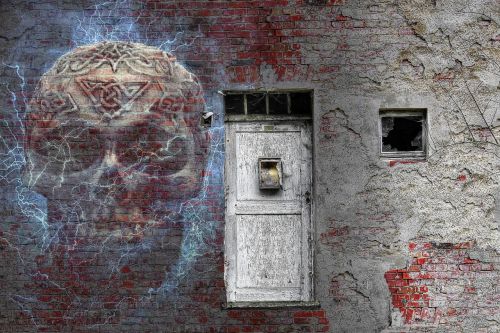 haunted house skull brick