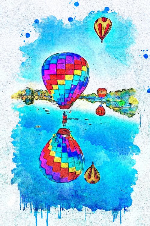 hot air balloon  water  reflection