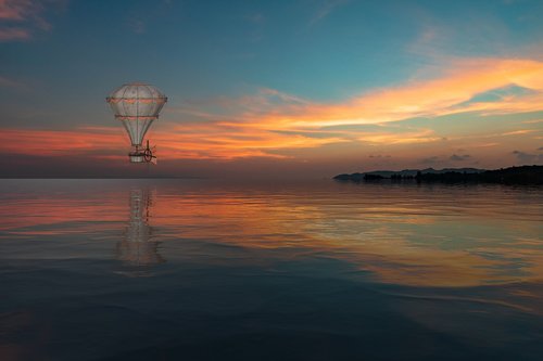 hot air balloon  landscape  reflection