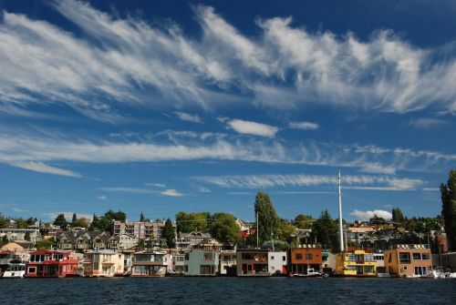 houseboats clouds lake sky