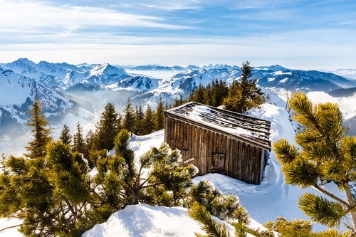 hut  snow  mountains