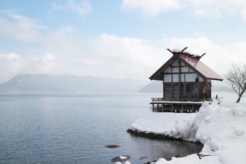 japan  akita  lake winter