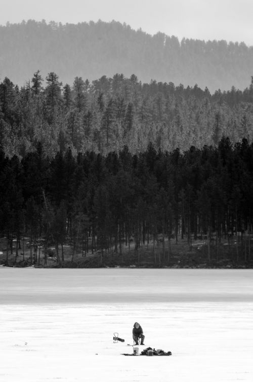 lake ice fishing black and white