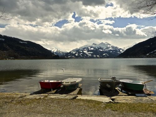 lake boats mountains