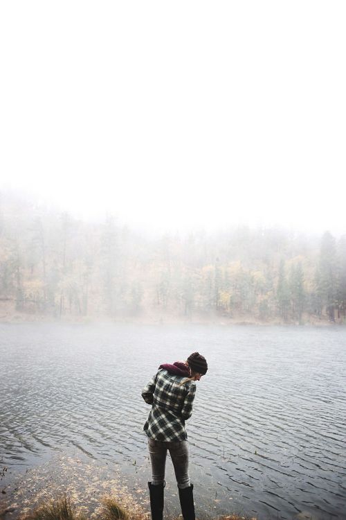 lake woman fog