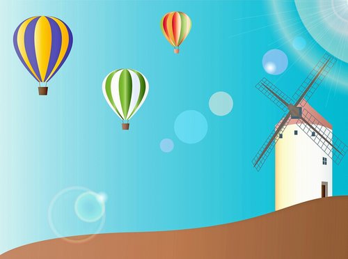 landscape  windmill and hot air balloons  hot air balloon