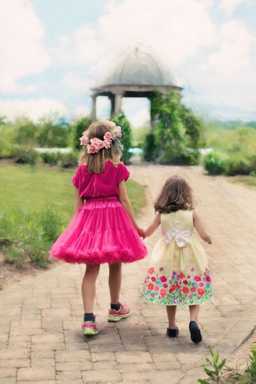 little girls walking summer outdoors