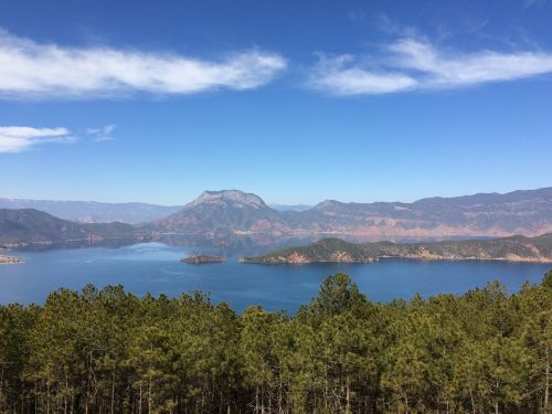 lugu lake blue sky white cloud