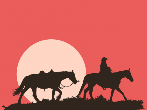man and horses sunset silhouette