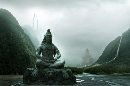 matte painting  river  statues