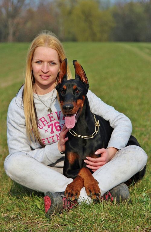 woman and dog blonde doberman