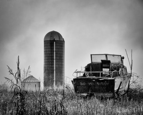 monochrome black and white silo