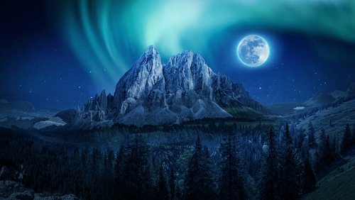mountain  aurora  moon