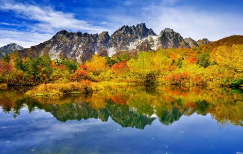 mountainous landscape autumnal leaves reflection of the surface of the water